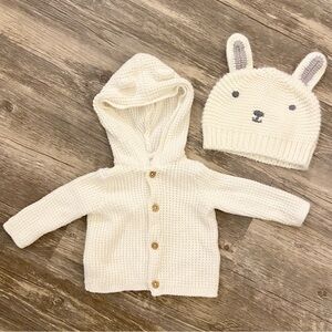 Carters’s Cream Knit Baby Cardigan Sweater and Bunny Hat Set Size 3 Months